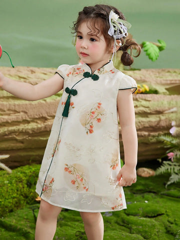 Young Girls' Thin Summer Dress, Children Fully Allover Print Embroidered Half-Sleeve Chinese Style Qipao Dress