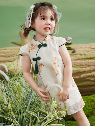 Young Girls' Thin Summer Dress, Children Fully Allover Print Embroidered Half-Sleeve Chinese Style Qipao Dress