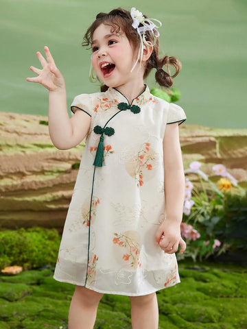 Young Girls' Thin Summer Dress, Children Fully Allover Print Embroidered Half-Sleeve Chinese Style Qipao Dress