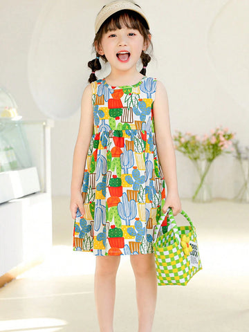 A Cute Cartoon Multicolored Plant Printed Lightweight Breathable Soft Thin Cotton Dress For Toddler And Little Girls In Spring And Summer