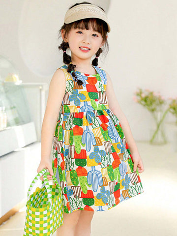 A Cute Cartoon Multicolored Plant Printed Lightweight Breathable Soft Thin Cotton Dress For Toddler And Little Girls In Spring And Summer