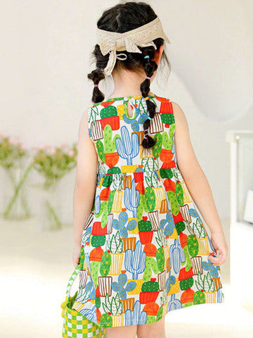 A Cute Cartoon Multicolored Plant Printed Lightweight Breathable Soft Thin Cotton Dress For Toddler And Little Girls In Spring And Summer
