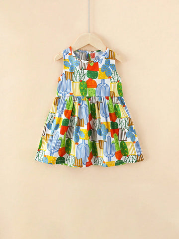 A Cute Cartoon Multicolored Plant Printed Lightweight Breathable Soft Thin Cotton Dress For Toddler And Little Girls In Spring And Summer