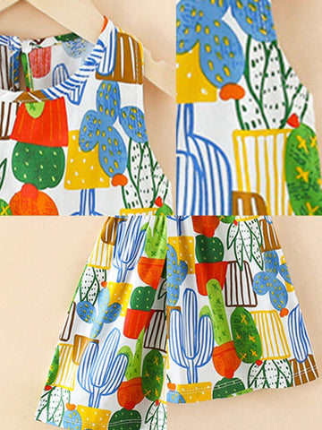 A Cute Cartoon Multicolored Plant Printed Lightweight Breathable Soft Thin Cotton Dress For Toddler And Little Girls In Spring And Summer