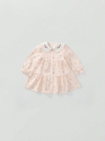 A Cute French Country Style Princess Fairy Tale Polyester Flower Embroidery Rabbit Print Sweet And Lovely Doll Collar Turn-Down Collar Long Sleeve Princess Dress For Girls Vacation And Leisure In Spring And Autumn