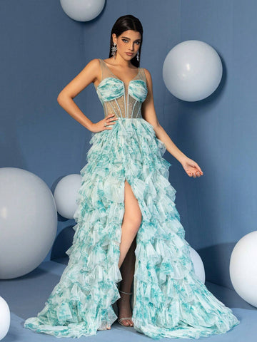 A Line Straps Bodices V Neck Ruffle Skirt Homecoming Dress