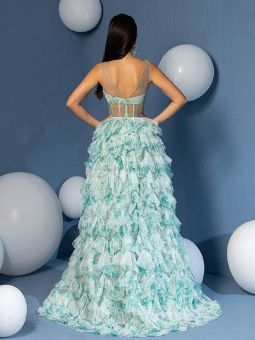 A Line Straps Bodices V Neck Ruffle Skirt Homecoming Dress