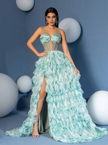 A Line Straps Bodices V Neck Ruffle Skirt Homecoming Dress