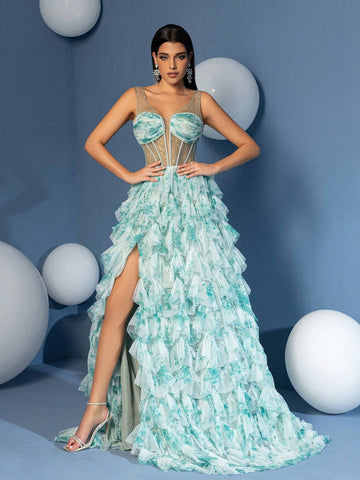 A Line Straps Bodices V Neck Ruffle Skirt Homecoming Dress