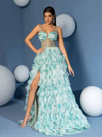 A Line Straps Bodices V Neck Ruffle Skirt Homecoming Dress