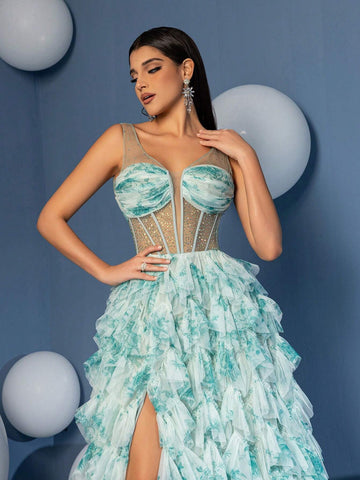 A Line Straps Bodices V Neck Ruffle Skirt Homecoming Dress