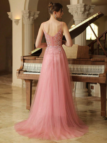 A Line Sweetheart Neck Prom Dress Embroider Spagfetti Vening Dress