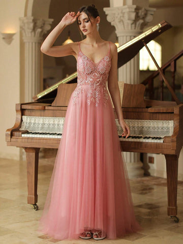 A Line Sweetheart Neck Prom Dress Embroider Spagfetti Vening Dress