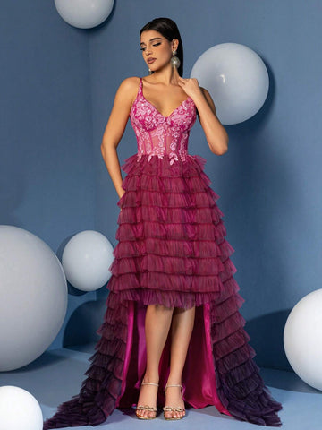 A Line V Neck High Low Gradient Ruffle Skirt Prom Homecoming Dress