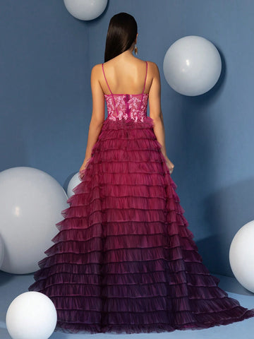 A Line V Neck High Low Gradient Ruffle Skirt Prom Homecoming Dress