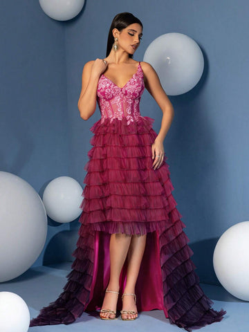 A Line V Neck High Low Gradient Ruffle Skirt Prom Homecoming Dress