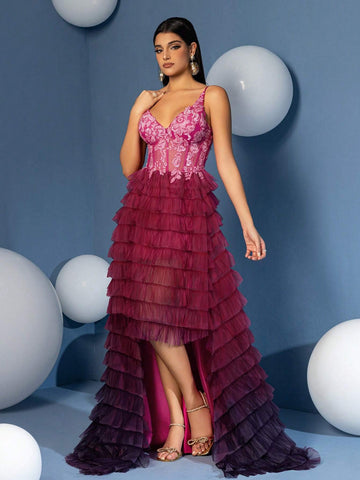 A Line V Neck High Low Gradient Ruffle Skirt Prom Homecoming Dress
