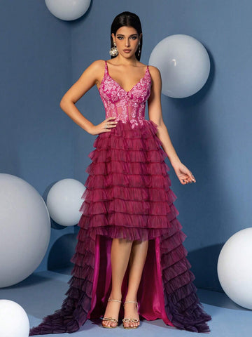 A Line V Neck High Low Gradient Ruffle Skirt Prom Homecoming Dress