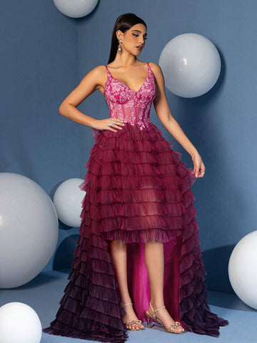 A Line V Neck High Low Gradient Ruffle Skirt Prom Homecoming Dress