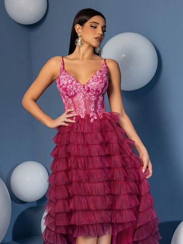 A Line V Neck High Low Gradient Ruffle Skirt Prom Homecoming Dress