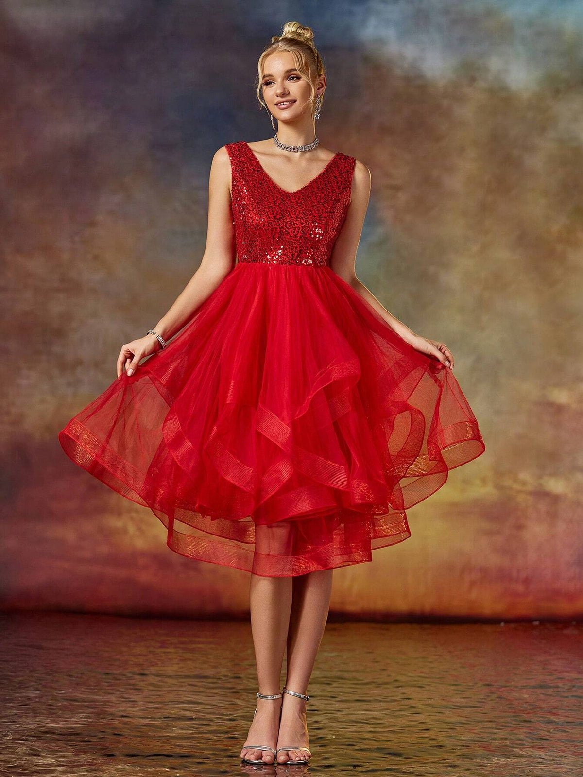 A Line V Neck Sequin Short Organza Skirt Party Dress