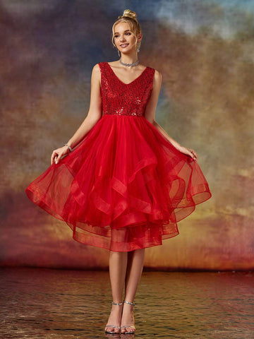 A Line V Neck Sequin Short Organza Skirt Party Dress