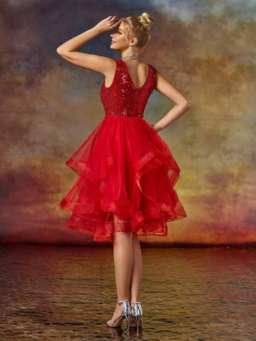 A Line V Neck Sequin Short Organza Skirt Party Dress