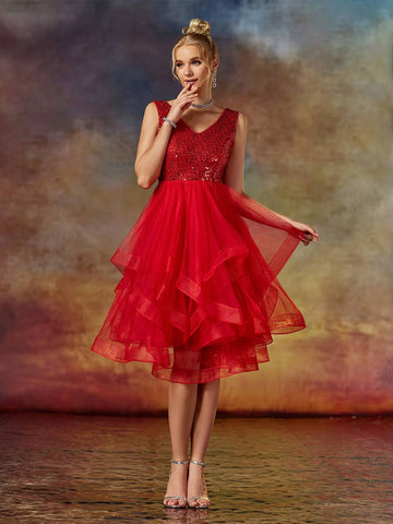 A Line V Neck Sequin Short Organza Skirt Party Dress