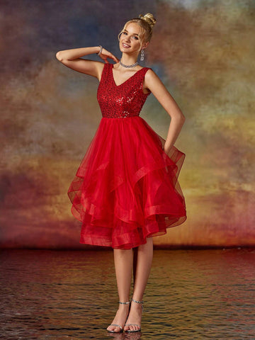 A Line V Neck Sequin Short Organza Skirt Party Dress