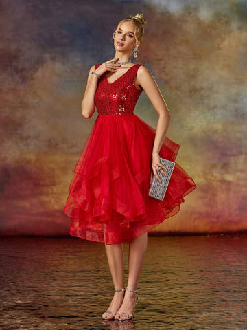 A Line V Neck Sequin Short Organza Skirt Party Dress
