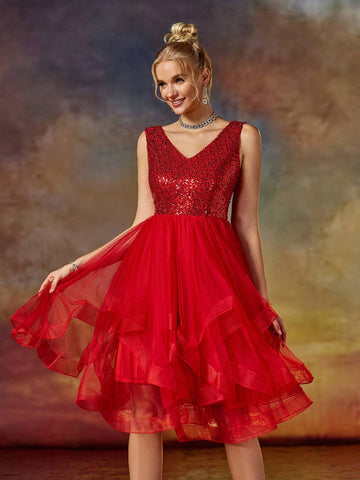 A Line V Neck Sequin Short Organza Skirt Party Dress