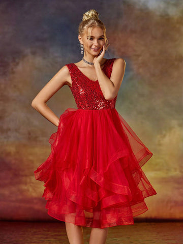 A Line V Neck Sequin Short Organza Skirt Party Dress