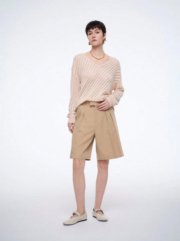 Aalyst Elegant Commuter Fashion Pleated Front Open-Front Shorts For Women