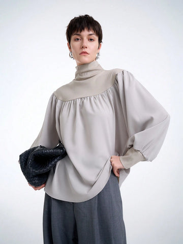 Aalyst Knitted Ribbed Patchwork Women's Stand Collar Shirt