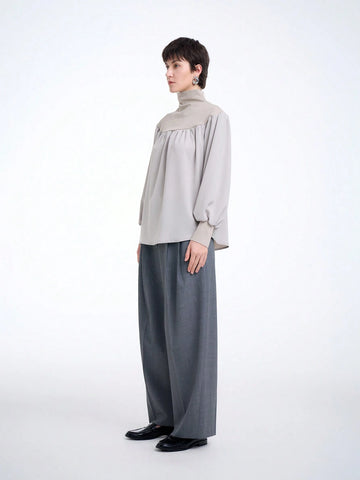 Aalyst Knitted Ribbed Patchwork Women's Stand Collar Shirt