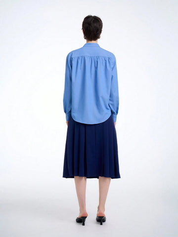 Aalyst Women's Elegant Solid Color Denim Shirt With Frilly Collar, Long Sleeves, Suitable For Commuting In Spring And Summer