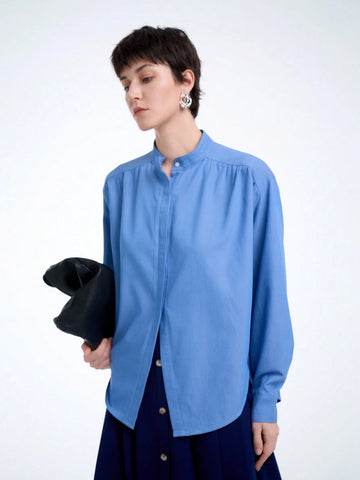Aalyst Women's Elegant Solid Color Denim Shirt With Frilly Collar, Long Sleeves, Suitable For Commuting In Spring And Summer
