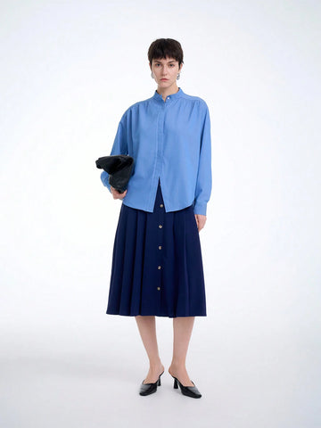 Aalyst Women's Elegant Solid Color Denim Shirt With Frilly Collar, Long Sleeves, Suitable For Commuting In Spring And Summer