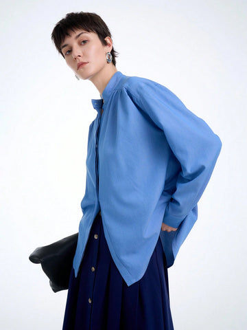 Aalyst Women's Elegant Solid Color Denim Shirt With Frilly Collar, Long Sleeves, Suitable For Commuting In Spring And Summer