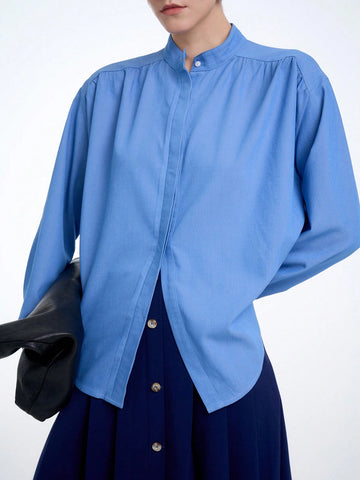 Aalyst Women's Elegant Solid Color Denim Shirt With Frilly Collar, Long Sleeves, Suitable For Commuting In Spring And Summer