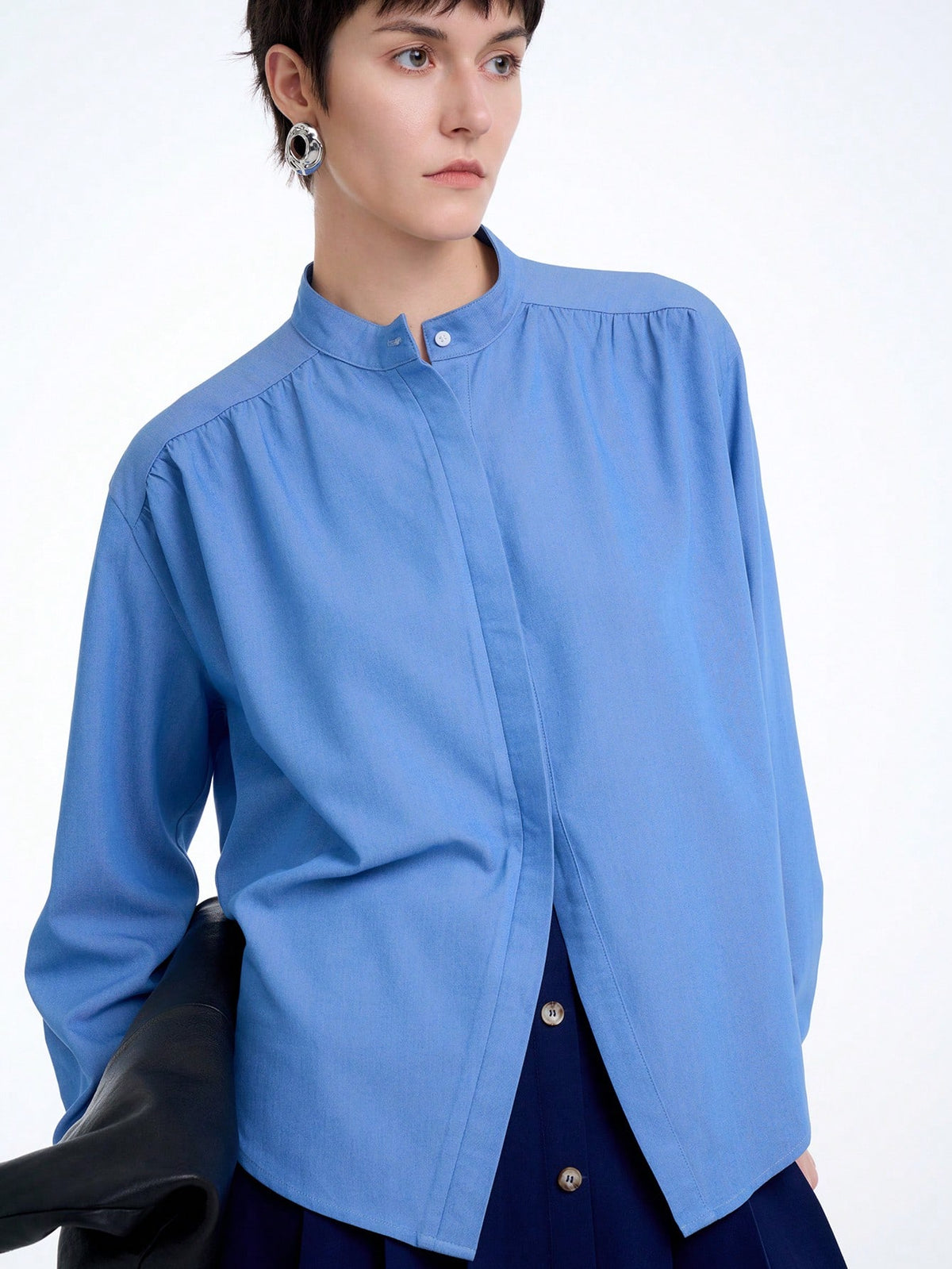 Aalyst Women's Elegant Solid Color Denim Shirt With Frilly Collar, Long Sleeves, Suitable For Commuting In Spring And Summer