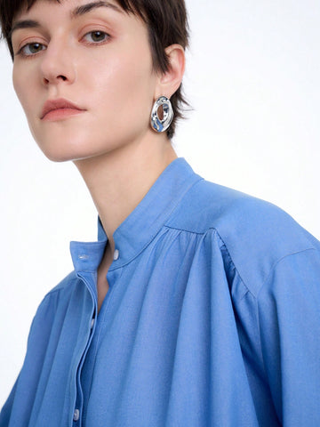 Aalyst Women's Elegant Solid Color Denim Shirt With Frilly Collar, Long Sleeves, Suitable For Commuting In Spring And Summer