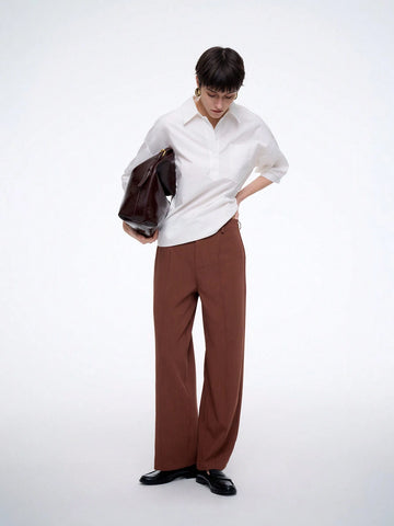 Women's Fashion Casual Commute Comfortable Mid-Sleeve Turndown Collar Half-Placket Loose Solid Color Pure Cotton Blouse