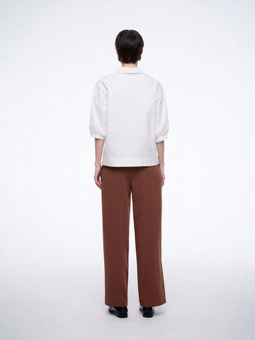 Women's Fashion Casual Commute Comfortable Mid-Sleeve Turndown Collar Half-Placket Loose Solid Color Pure Cotton Blouse