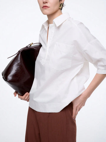 Women's Fashion Casual Commute Comfortable Mid-Sleeve Turndown Collar Half-Placket Loose Solid Color Pure Cotton Blouse