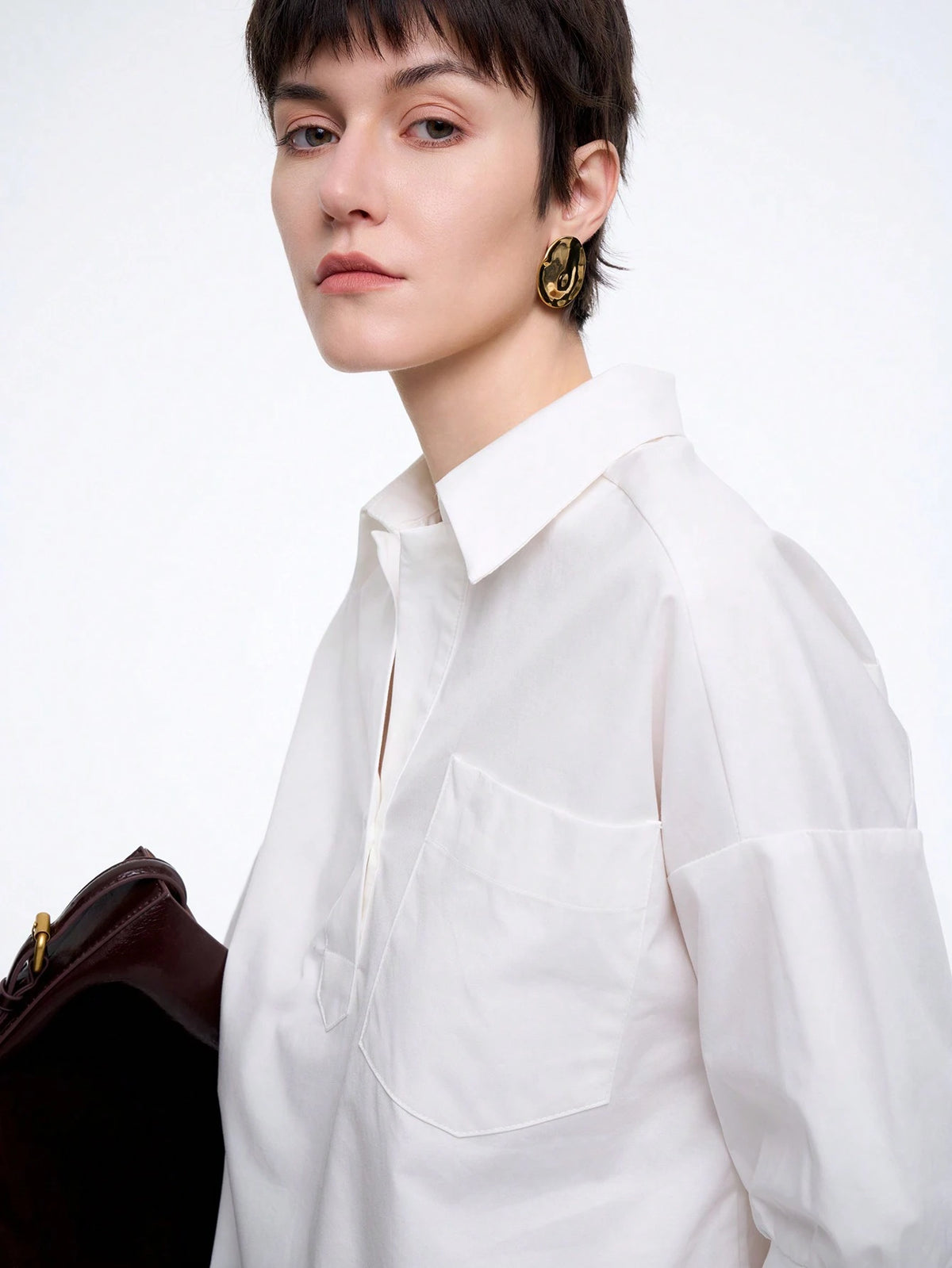 Women's Fashion Casual Commute Comfortable Mid-Sleeve Turndown Collar Half-Placket Loose Solid Color Pure Cotton Blouse