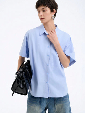 Aalyst Women's Solid Color Casual Commuter Comfy Loose With Pocket Short Sleeve Shirt, Elegant & Minimalist, Spring/Summer