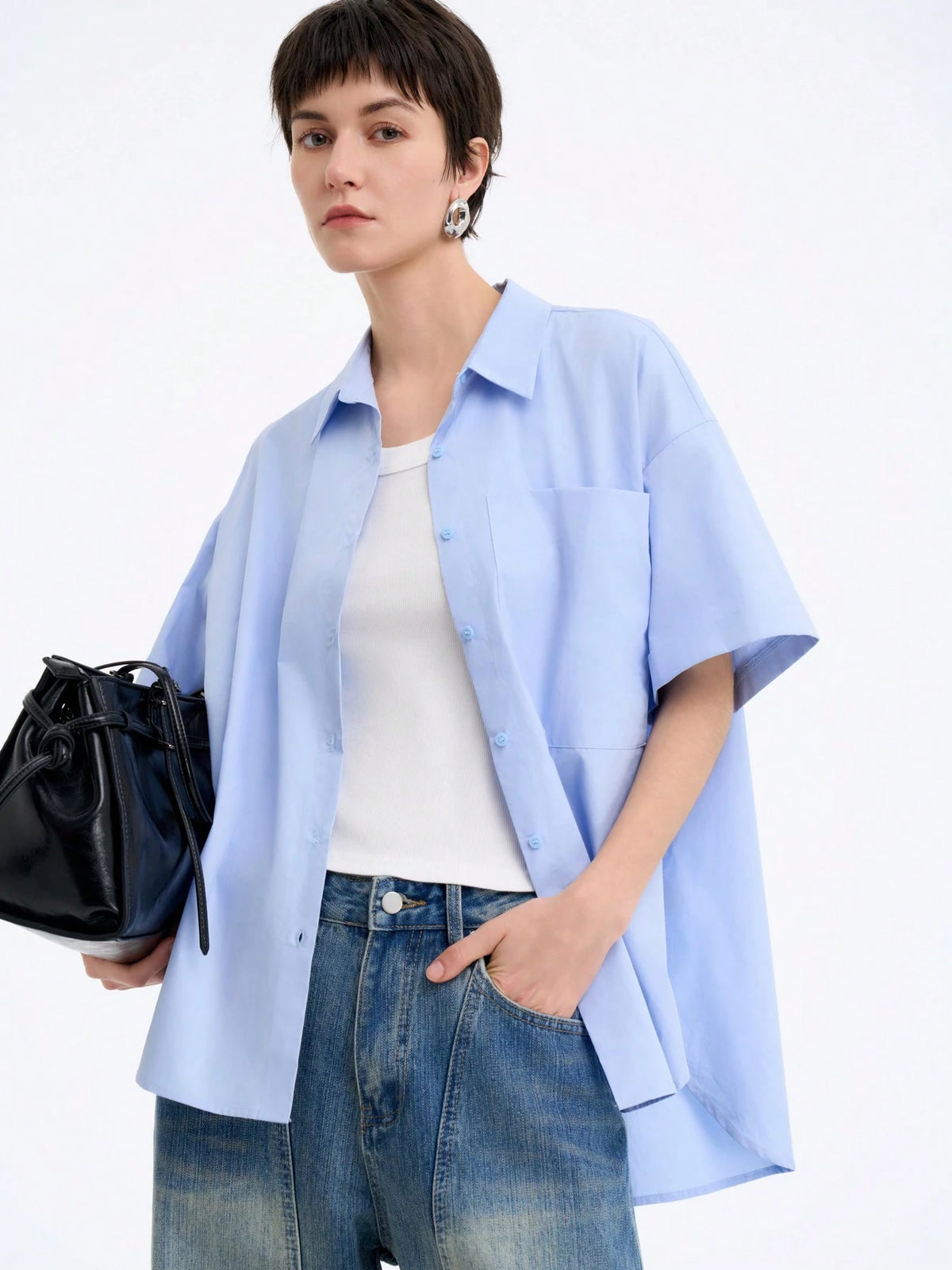 Aalyst Women's Solid Color Casual Commuter Comfy Loose With Pocket Short Sleeve Shirt, Elegant & Minimalist, Spring/Summer