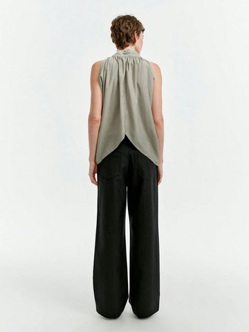 Aalyst Women's Spring/Summer Halter Sleeveless Tied Asymmetrical Pleated Long Shirt