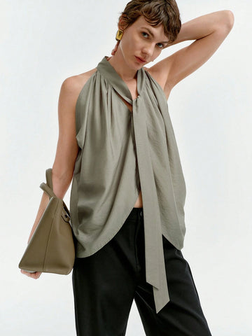 Aalyst Women's Spring/Summer Halter Sleeveless Tied Asymmetrical Pleated Long Shirt